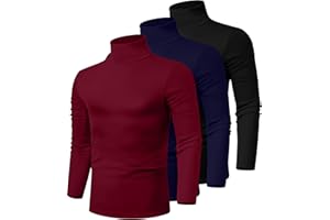 Ficerd 3 Pack Men's Turtleneck Shirts, Long Sleeve Cotton Pullover Sweaters Mock Neck Knitted T-Shirt Basic Slim Fit Tops
