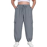 OLRIK Plus Size Cargo Pants for Women Adjustable Drawstring Joggers Casual Loose Baggy Trousers with Pockets