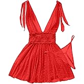 Foxiny Sexy V Neck Slip Mesh Polka Dots Floral Lace Sheer Exotic Babydoll Lingerie Dress 2 Piece