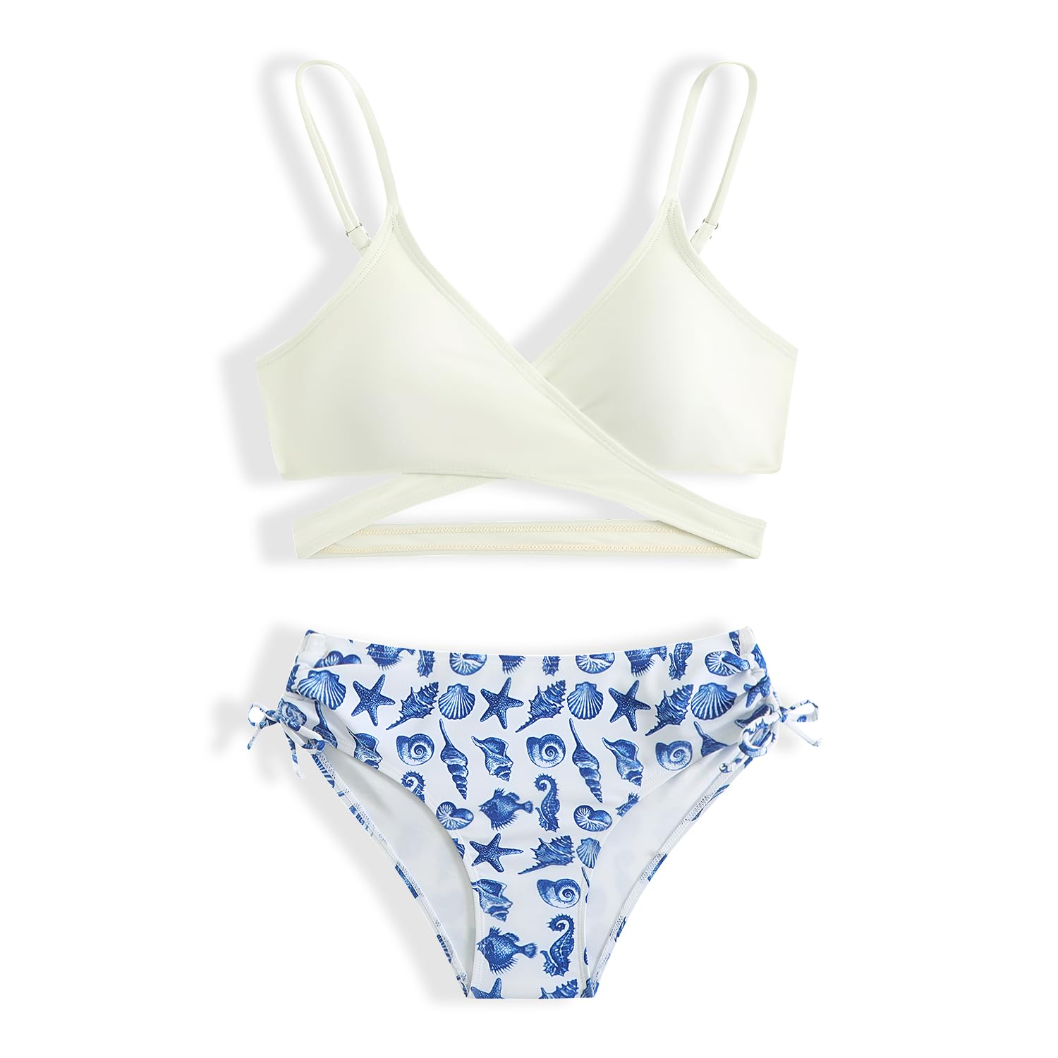 Photo 1 of MIENOE Teen Girls' Bikini Set Two-Piece Swimsuit with Removable Chest Pads, Trendy Criss-Cross V-Neck, White Top & Blue Sea Creature Print Bottom, Big Kids, Size 14-15 Years