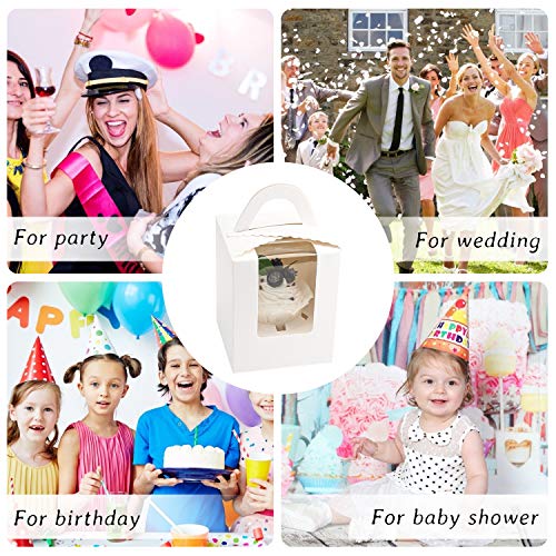 White Cupcake Boxes,50pcs Single Cupcake Carrier with Window Insert and Handle Kraft Pastry Containers Muffins Cupcake Carriers for Bakery Wrapping Party Favor Packing