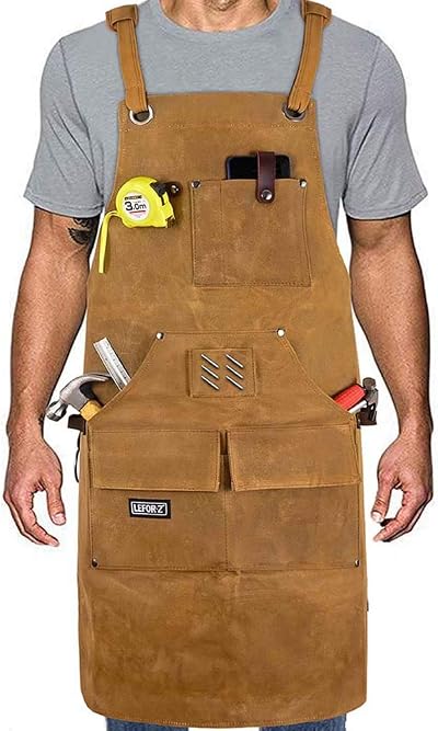 LEFOR·Z Waxed Canvas Work Apron 10 Pockets Cross-Back Adjustable Brown