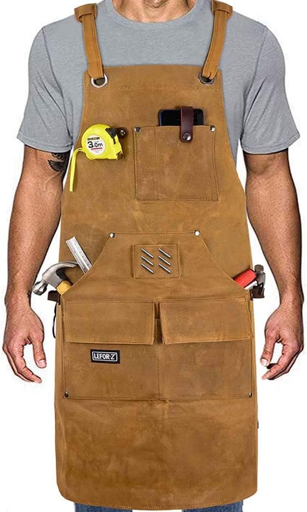 LEFOR·Z Waxed Canvas Work Apron 10 Pockets Cross-Back Adjustable Brown
