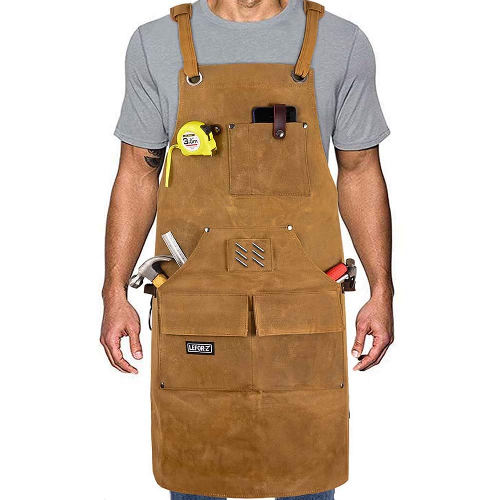 LEFOR·Z Work Apron with 10 Pockets,Waxed Canvas Woodworking Apron for Men with Magnetic Pocket,Waterproof Tool Apron Workshop Apron,Cross-Back Adjustable from M to XXL,Brown