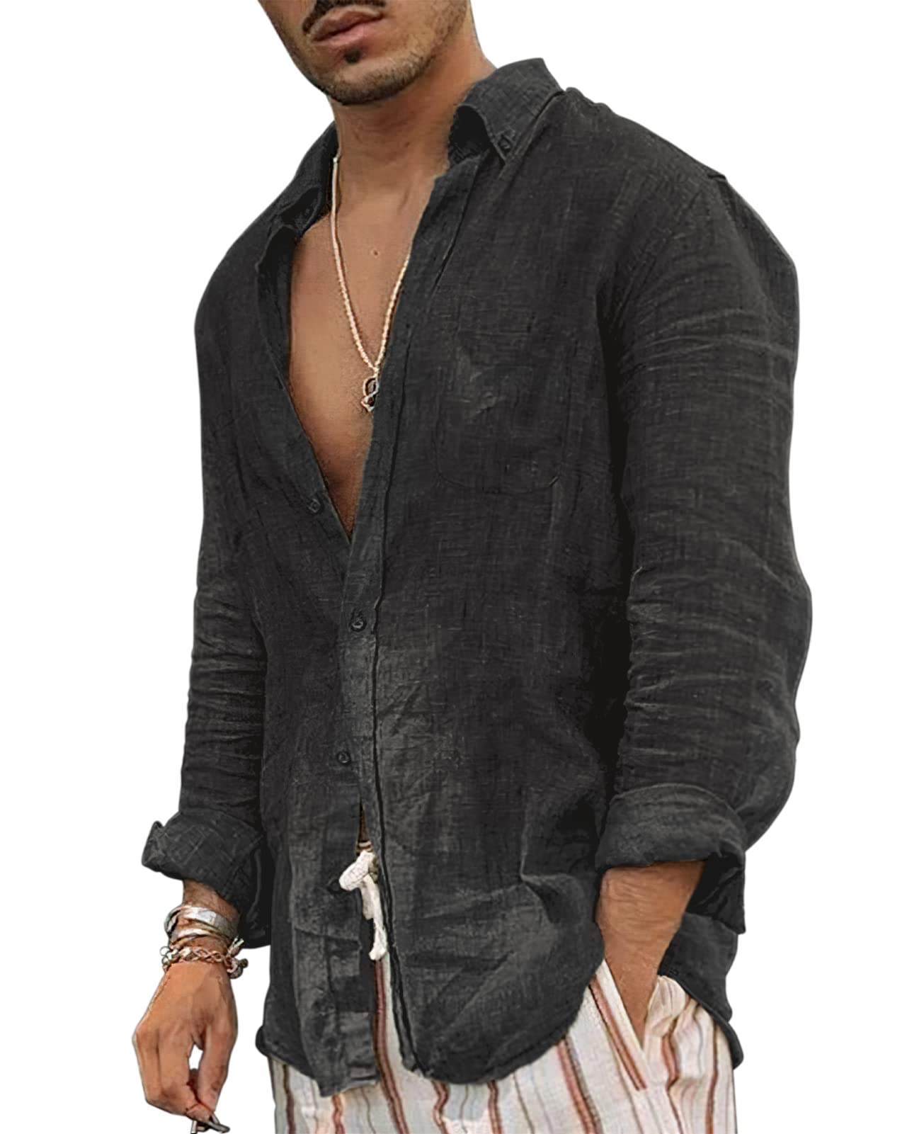 Linen Shirts for Men Ultrathin Casual Button Down Shirts Long Sleeve Beach Shirt Hawaiian T Shirts for Men