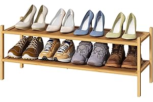 kiplant Long Shoe Rack, 2-Tier Bamboo Wood Shoe Rack, Stackable for Closet, Entryway & Hallway