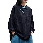 LZJN Women's Linen Shirts Artsy Retro Chinese Style Frog Button Tops Blouse Long Sleeve Tops