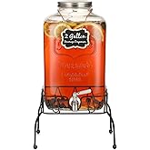 2 Gallon Glass Drink Dispenser with Stand, Stainless Steel Leakproof Spigot and Lid, Glass Drink Dispensers for Parties, Water Beverage Dispenser