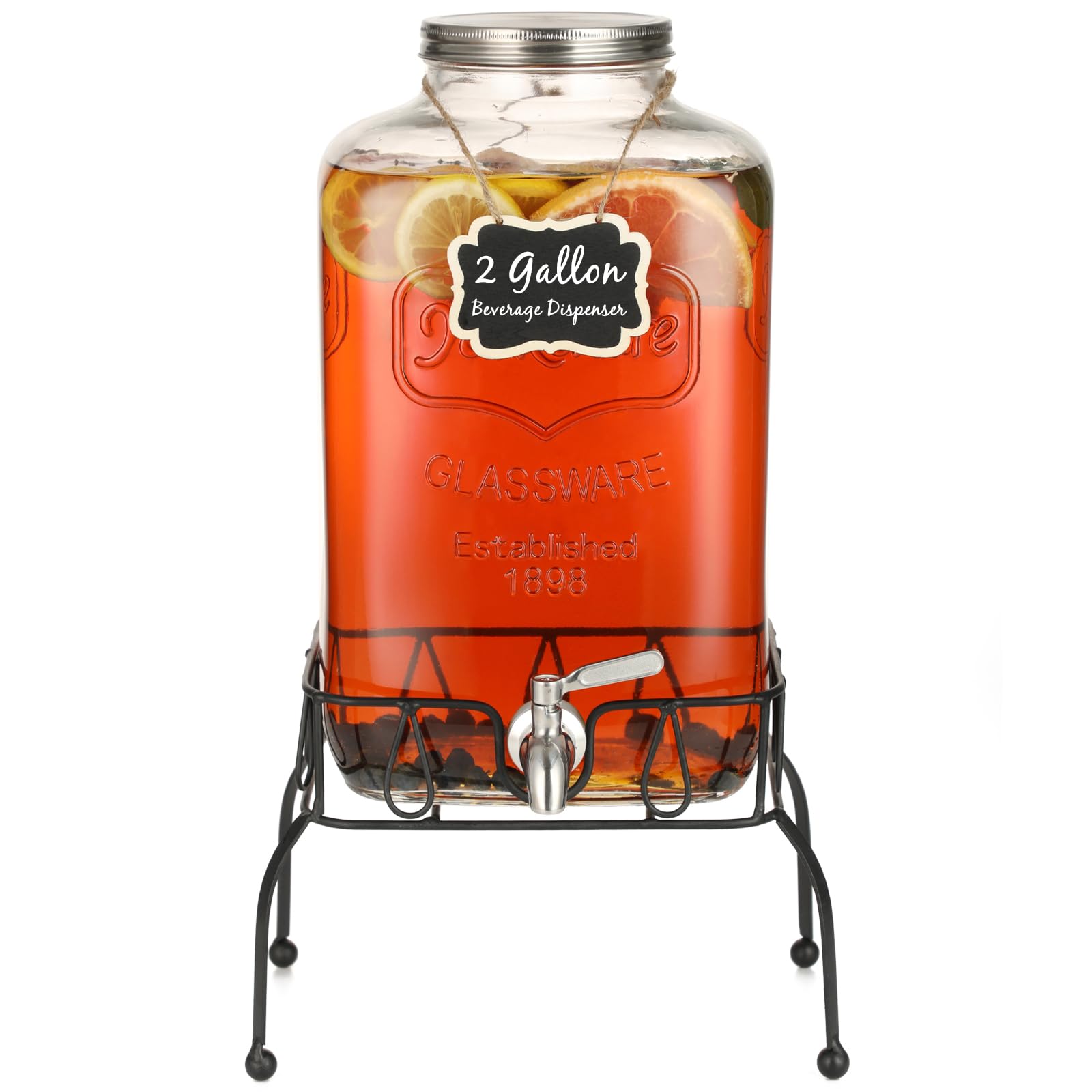 Photo 1 of 2 Gallon Glass Drink Dispenser with Stand, Stainless Steel Leakproof Spigot and Lid, Glass Drink Dispensers for Parties, Water Beverage Dispenser