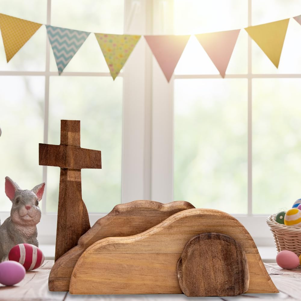 Photo 1 of Easter Wooden Empty Tomb Table Decorations Easter Resurrection Scene Decorations Religious Cross Jesus Tomb Tray Nativity Set Tabletop Decor Wooden Table Centrepieces Party Home Office Supplies Signs