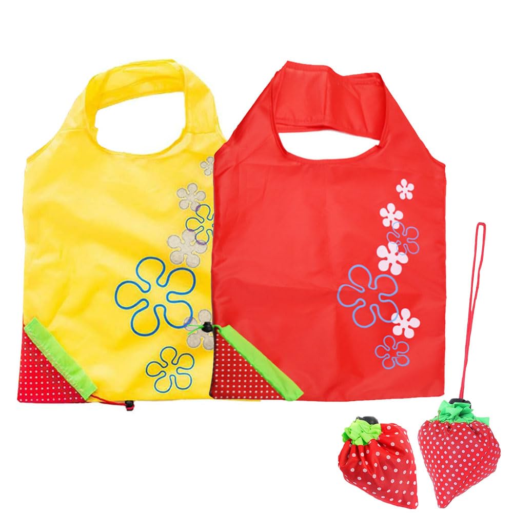 fafeiha Strawbbery Shape Folding Shopping Bags 2PCS Foldable Shopping Tote Bag Fits in Pocket Quick-Drying Heavy Duty Washable Tote Bags Ladies for Grocery Shopping in the Supermarket （Random Color）