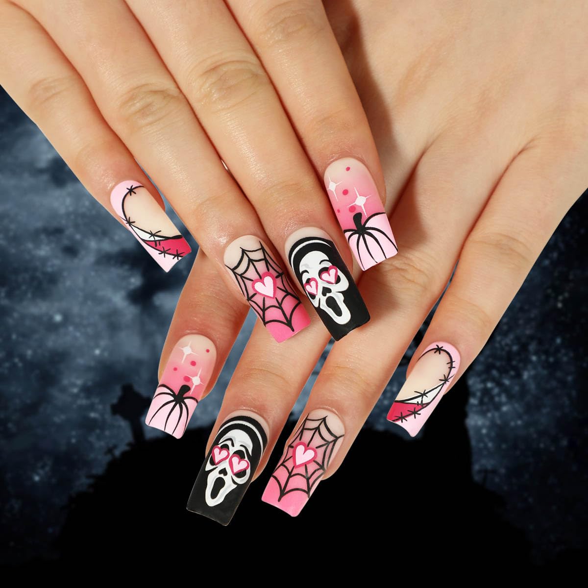 Clataly 24 Pcs Halloween False Pink Gradient Love Pumpkin Cobweb Skull Fake Press On False Nails