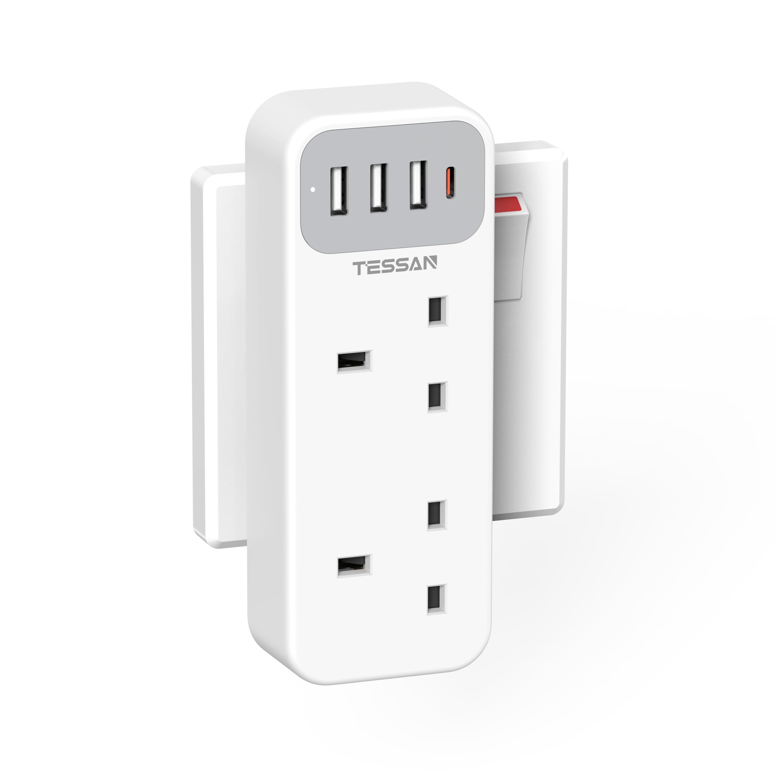 Plug Adapter with 3 USB A and 1 USB C, TESSAN Double Plug Extension Socket, 2 Way MultiPlug Adaptor, 13A UK 3 Pin Outlet Extender for Home, Kitchen, Office, School Supplies