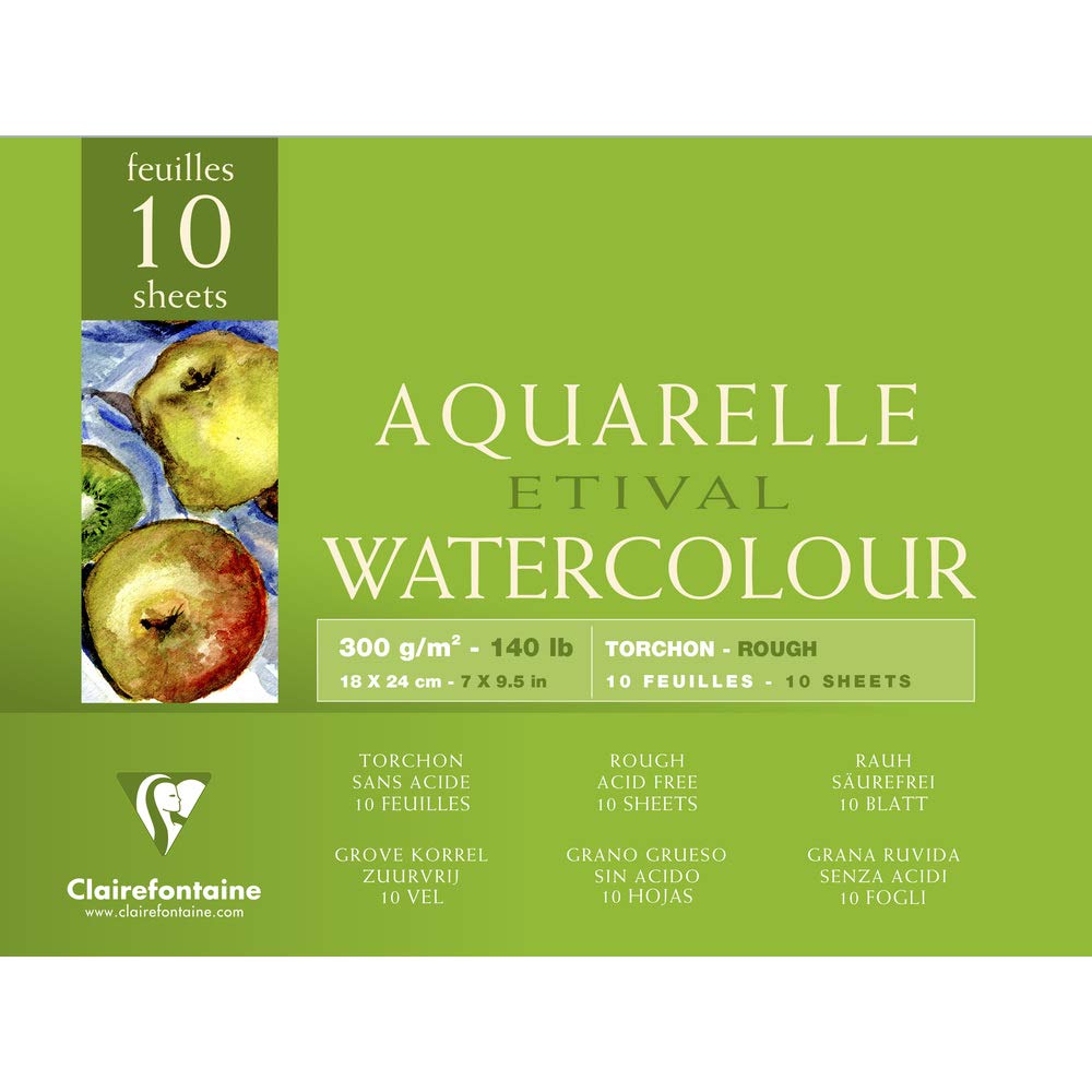 Clairefontaine - Ref 96560C - Etival Rough Grained Pad (10 Sheets) - 18 x 24cm Size, Acid Free, pH Neutral, 300gsm Paper - Suitable for Watercolour Artwork