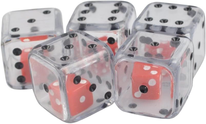 Azty Solutions Pack of 2 Double Dice 19mm Transparent Clear & Red Die in Snow Organza Bag