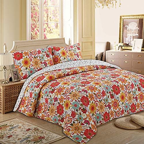 Caramel Macchiato Colorful Floral Quilt Set 3 Pieces Queen Size Soft and Breathable for All Season Bedspread Sunflower Pattern 100% Cotton Coverlet Set