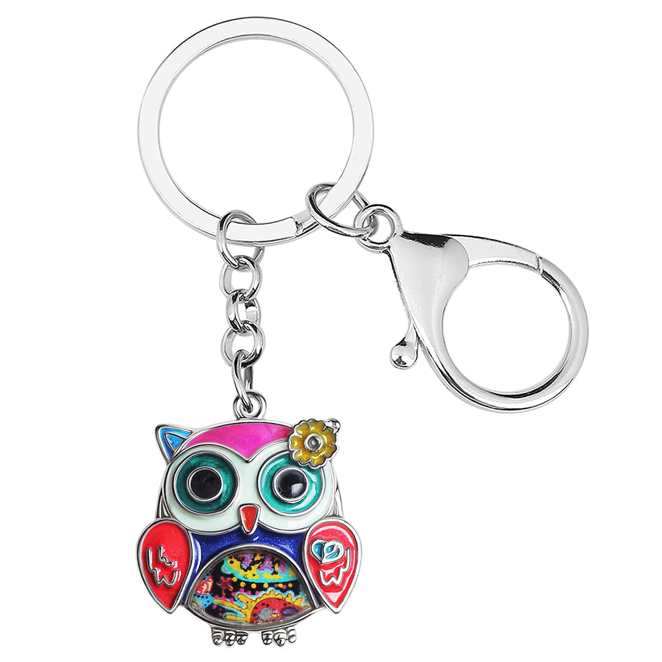 Enamel Alloy Anime Flower Owl Keychain Bird Keyring Fashion Jewelry For Women Girls Charm Gift (Multicolor), 28mm x 28mm