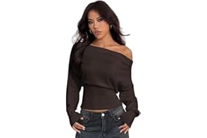 Women's Sexy Off Shoulder Sweater Ribbed Knitted Pullover Jumper Cinched Waist Asymmetrical Neck Long Sleeve Blouse