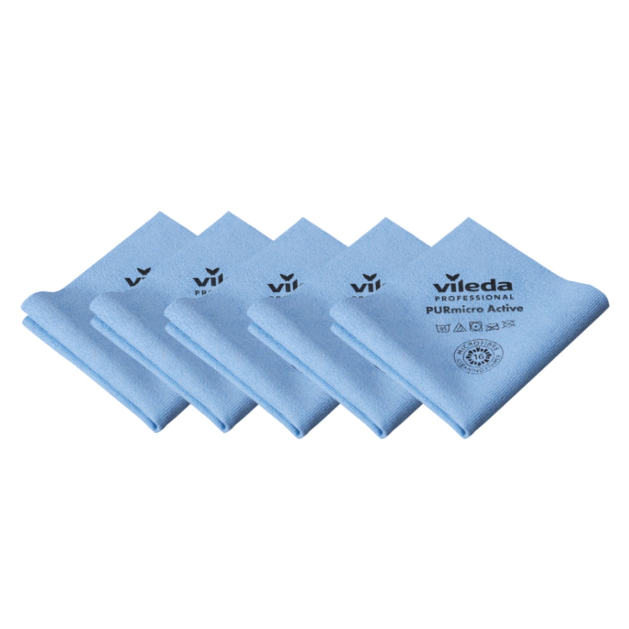 Vileda Professional PURmicro Active Cloths,Blue 5-Pack – High‑Performance Microfibre with PUR Coating for Fast,Streak‑Free,High‑Absorption Cleaning on Glass,Stainless Steel & Smooth Surfaces (38x35cm)
