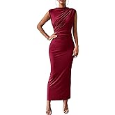 BTFBM Women's Ruched Bodycon Dress Summer Casual Sleeveless Lightweight Back Slit Elegant Club Party Cocktail Maxi Dresses