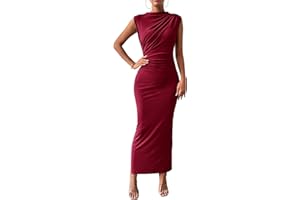 BTFBM Women's Ruched Bodycon Dress Summer Casual Sleeveless Back Slit Elegant Club Evening Party Cocktail Maxi Dresses