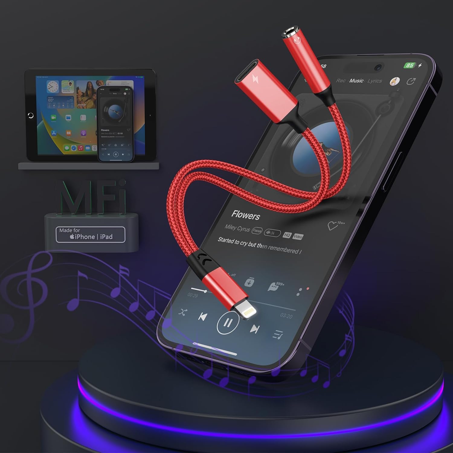 【Apple MFi Certified】2-IN-1 Lightning to 3.5mm Headphone Jack Adapter for iPhone and Charger Dongle,Earphones Converter Splitter Support Music+Charge and HiFi+Mic+Control for iPhone, Red (Can't Call)