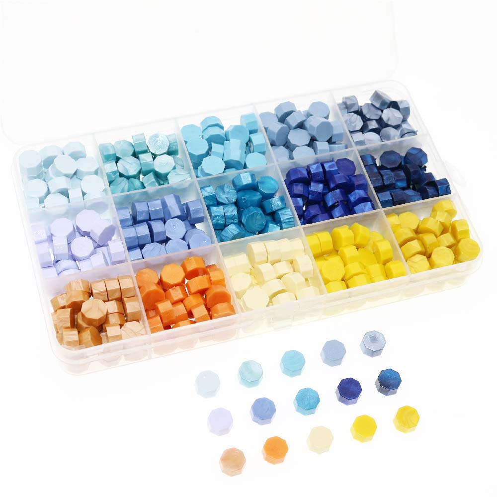 BITEYI Sealing Wax Beads,Octagon Sealing Wax Beads for Wax Stamp Sealing Letter and Vintage Wedding Invitation Decorative,15 Colors,375 pcs (Blue Yellow)