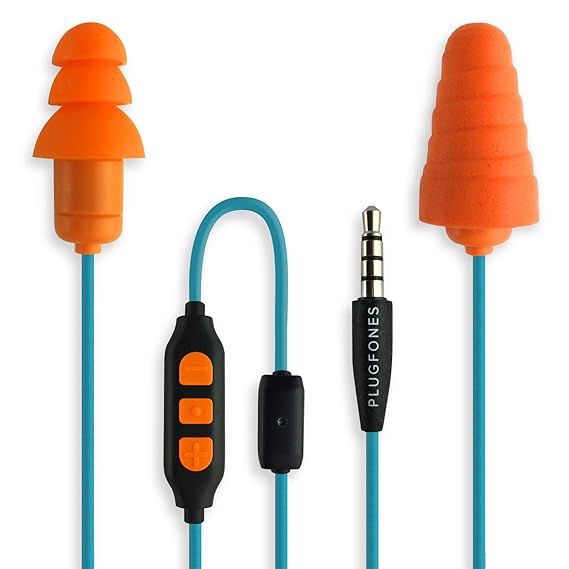 PlugFones, Ohrstöpsel der „In Guardian“-Serie mit eingebauten Ohrhörern, aus Schaumstoff und Silikon, orange