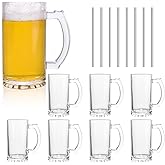 PYVYLO Glass Beer Mugs Set of 8,16oz Heavy Beer Mug With Handles and Straws for Tea,Coffee Thick Drinking Glasses for Freezer