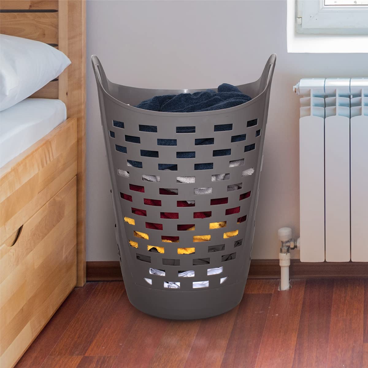 Clorox Flexible Laundry Basket - Tall Plastic Hamper for Clothes, Bedroom, and Storage - Portable Round Bin with Carry Handles, 2 Bushel, Grey