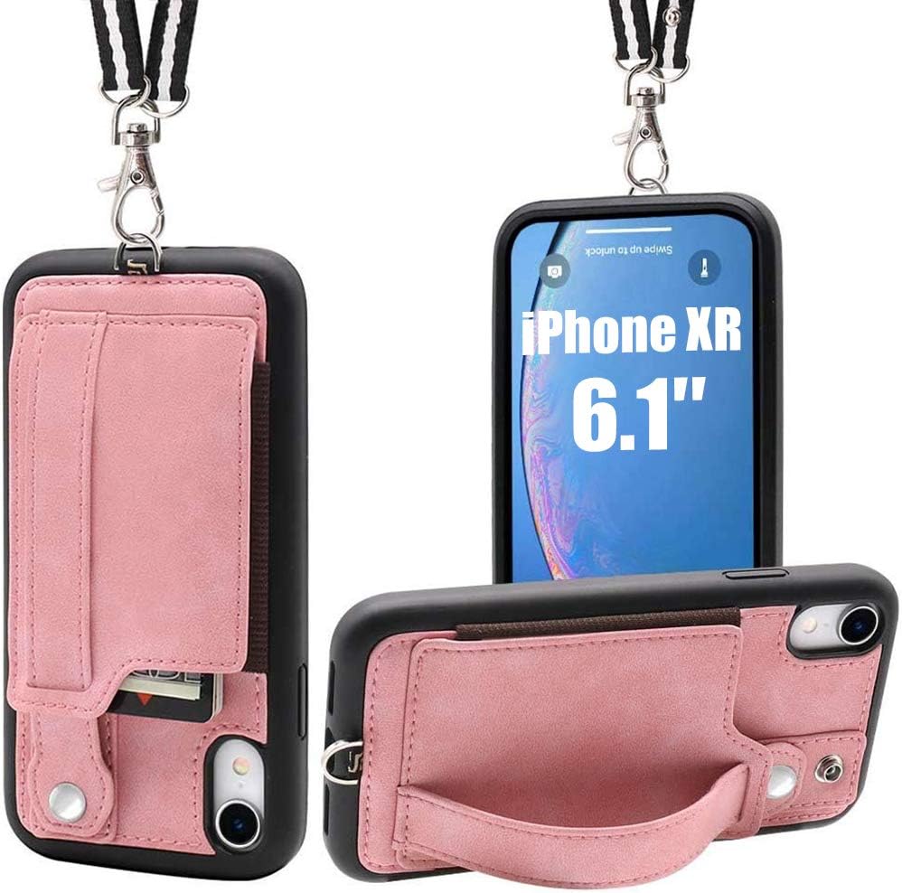 TOOVREN iPhone XR Case Card Holder with Stand, iPhone XR Wallet Cases with Phone Lanyard Neck Wrist Strap, Shockproof Leather Cover TPU Hard Shell for Apple iPhone XR 6.1 inch Pink