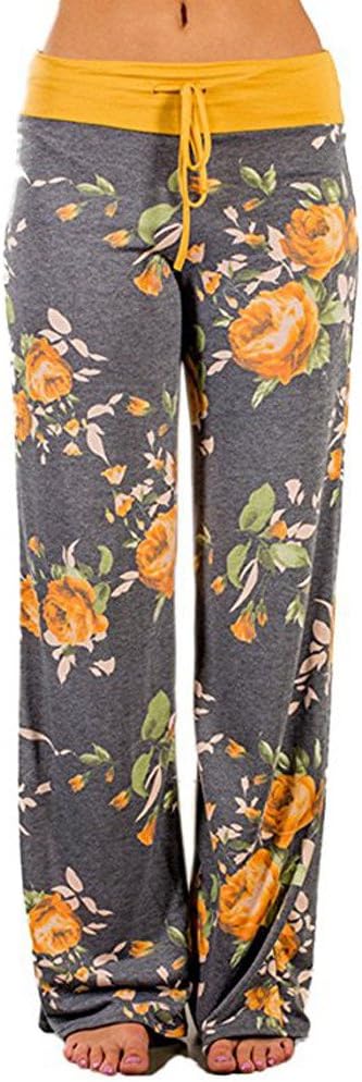 WOCACHILeggings for Womens, Womens Comfy Stretch Floral Print Drawstring Palazzo Wide Leg Lounge Pants Girlfriend Boyfriend Gift Under 5 10 Fashion Newest Couples