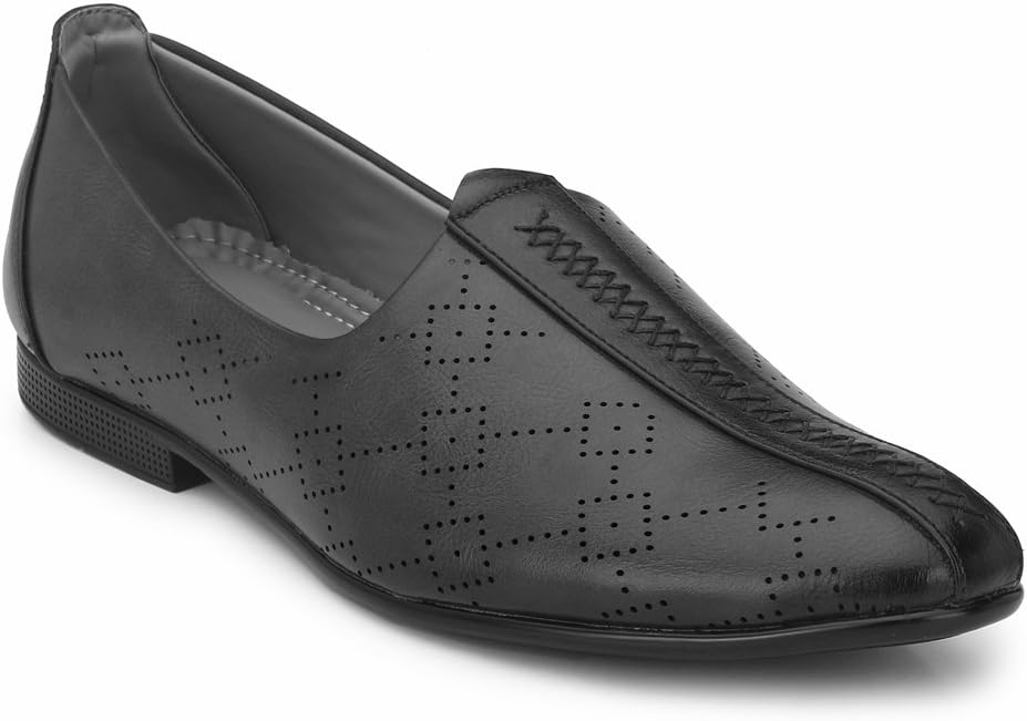 LEVANSEMen's Fashion Leather Ethnic Platform Mojri (Black)
