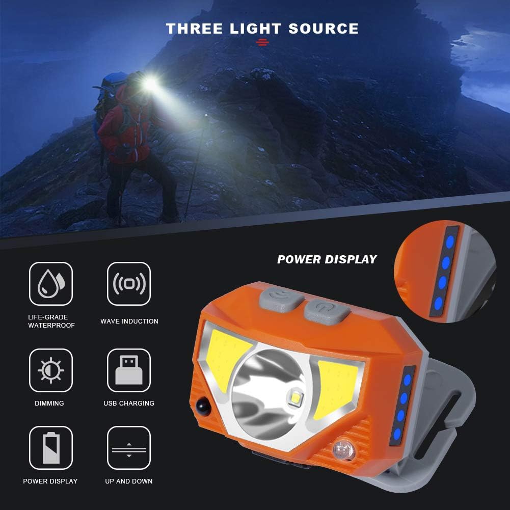 2 Packs Headlamp Flashlight 1000 Lumens USB Rechargeable Headlight, 8 Modes Work Light with Red Light and Motion Sensor, IPX4 Waterproof, Perfect for Camping, Running, Hiking, Fishing & More (Orange) - - 