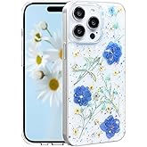 CEOKOK for iPhone 15 Pro Max Case Clear with Real Pressed Flowers Design Glitter Cute Sparkly Blue Dried Floral Pattern Slim Soft TPU Protective Women Girl's Phone Cover (Glitter Violet)
