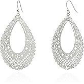 Handmade Boho Filigree Teardrop Dangly Earrings for Women, Sterling Silver Hooks