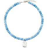 Bead Gemstone Choker Necklace for Women,Pearl pendant Blue Natural Stone Handmade Beaded Summer Jewelry for Beach,Statement Boho Necklace, Charm Chunky Bohemian Trendy Necklaces