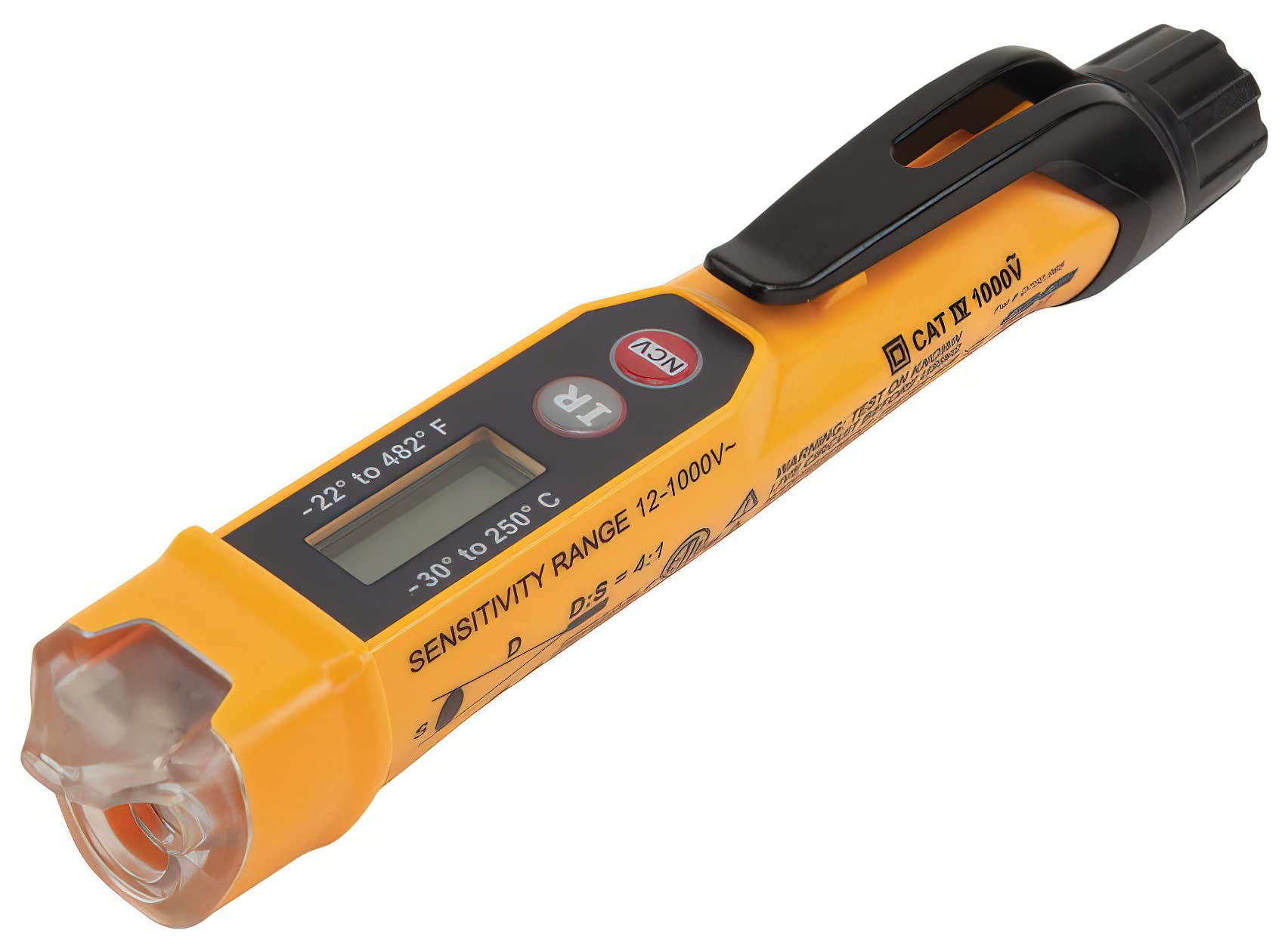 Photo 1 of Klein Tools NCVT-4IR Non-Contact Volt Tester, 12 - 1000V AC Pen with IR Thermometer -22 to 482 deg F, LED and Audible Alarms, Pocket Clip