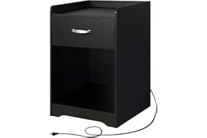 WEENFON Nightstands, Black Nightstand with Charging Station,Bedside Tables, End Table with Drawer, Open Space,Metal Handles, Large Storage,WFET16HN