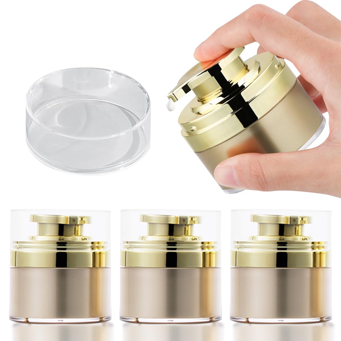 Voyyphixa 3Pcs 30ml Airless Moisturiser Dispenser Travel Vacuum Pump Jars Empty Refillable Travel Cream Bottle for Lotions, Creams, Makeup (Gold)