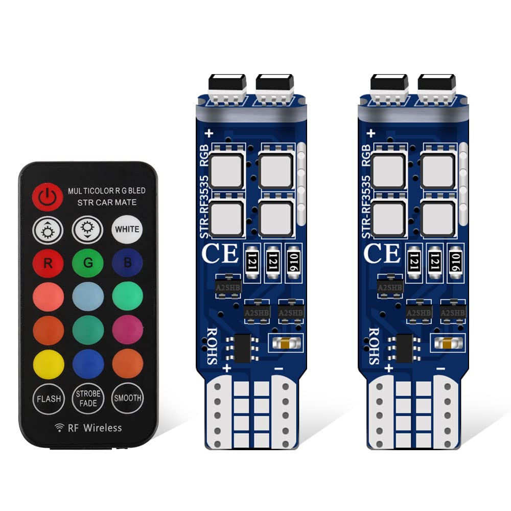 yifengshun 12V T10 RGB LED Mood Lights with 6SMD 5050 LED Bulbs - Wireless Remote Controller 16 Colors Changing - Interior Bulbs For Car Wedge W5W 501 (Pack of 2)