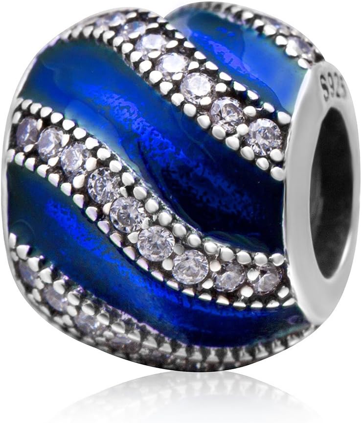 Amoony CharmAnniversary Charm 925 Sterling Silver Stripe Charm Wave Charm Love Charm Crystal Charm for Pandora Charms Bracelet (Blue)