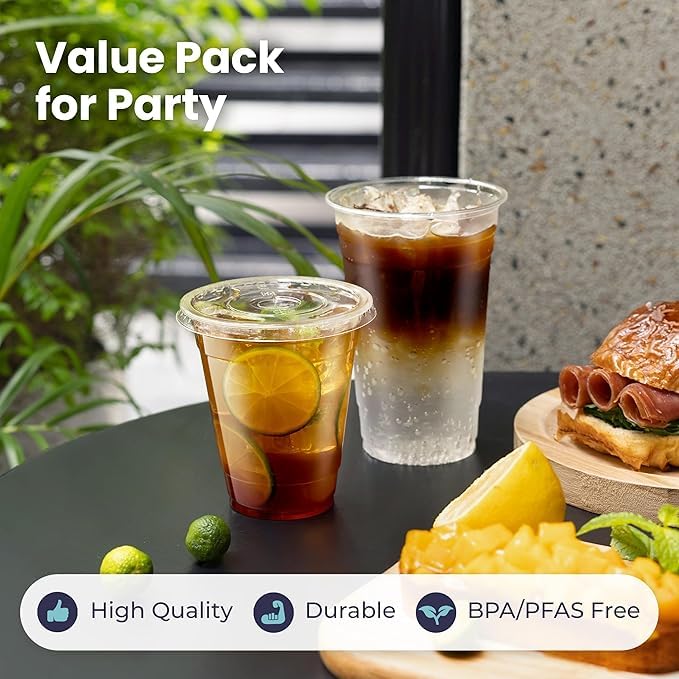 Disposable Clear Cup 100 Pack 8 oz Plastic Iced Coffee Cups with Flat Lids, Disposable Clear Cup, BPA Free Cup for Party, Smoothie, Cold Drinks, Juice, Milkshake, Tea
