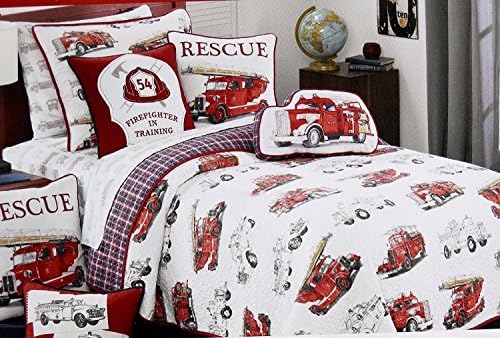 Vintage FIRE ENGINE / FIRE TRUCK Quilt Set - reversible TWIN SIZE (set includes Quilt, sham &amp; accent pillow)