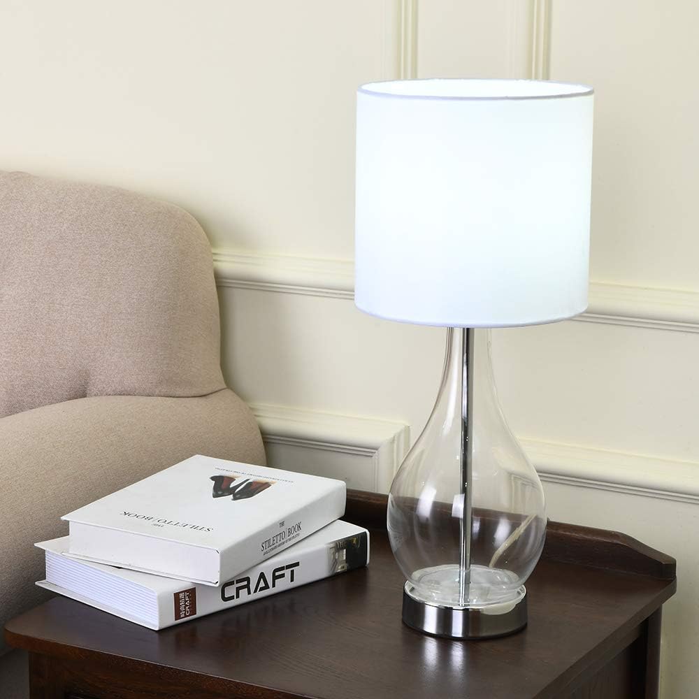 Popity Home Modern Teardrop Shaped Clear Glass Nightstand Bedside Table Lamp Small Desk Lamps With White Tc Fabric Drum Shades For Living Room Bedroom Chrome Amazon Com