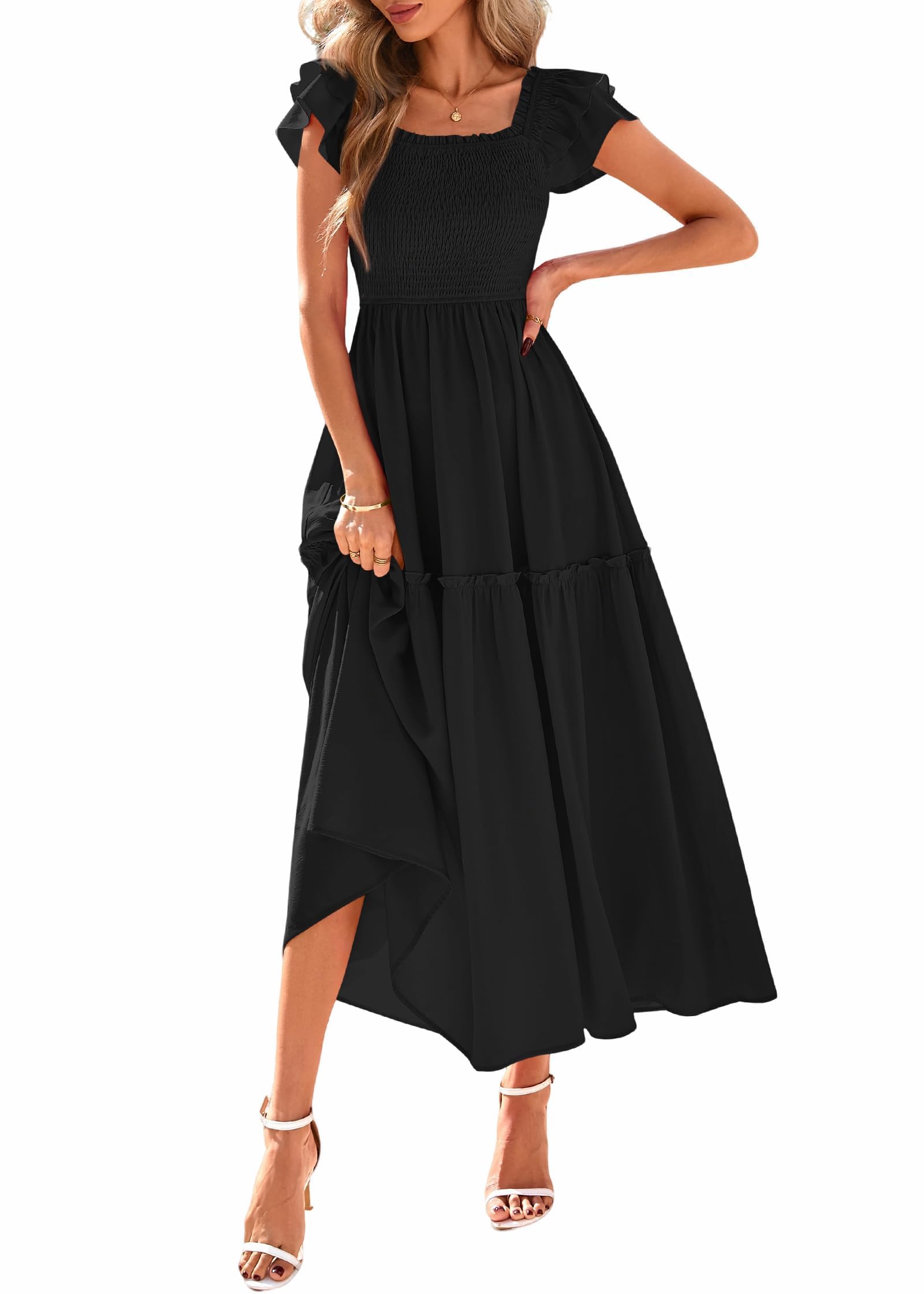 Photo 1 of KIRUNDO Smocked Summer Dresses for Women 2025 Wedding Guest Midi Flowy Ruffle Short Sleeve Square Neck Tiered Sundress(Black, Small)