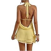 Floerns Women's Draped Deep V Neck Halter Dress Mesh Sleeveless Layered Hem Mini Dresses