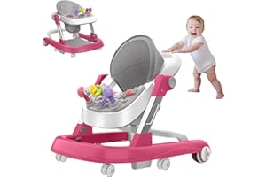 AIRLYA-LIFE (Rose-red) Baby Walker, 6-Gear Height Adjustable Foldable Baby Walkers and Activity Center, Baby Walker with Wheels, Infant Toddler Walker with Music Disk, Baby Walkers for Baby Boys and Girls
