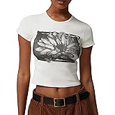 Graphic Baby Tees for Women Y2k Short Sleeve Floral Print Crop Tops Vintage Aesthetic Summer Teens Girl T-Shirt