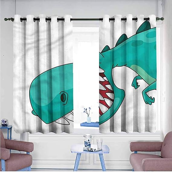 Dinosaur Curtains Sliding Door Curtains Big Pointy Teeth Smiling Space